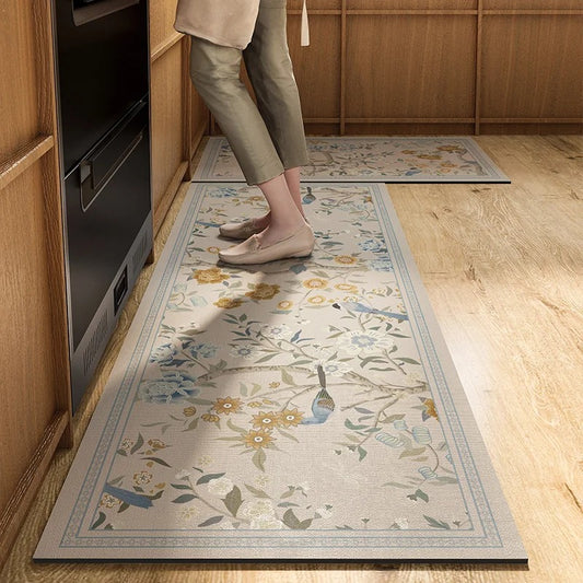 Nouveau tapis de cuisine de Style chinois avec motif de peinture d'oiseau de fleur, tapis en cuir imperméable à l'huile, tapis antidérapant en PVC