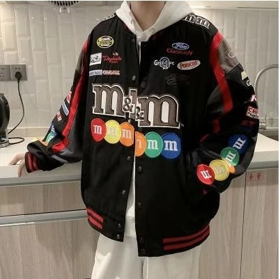 Men and Women Jacket Y2k Autumn Varsity Jacket Long Sleeve Motorcycle Jacket Racing Baseball Printed Casual Loose Coat