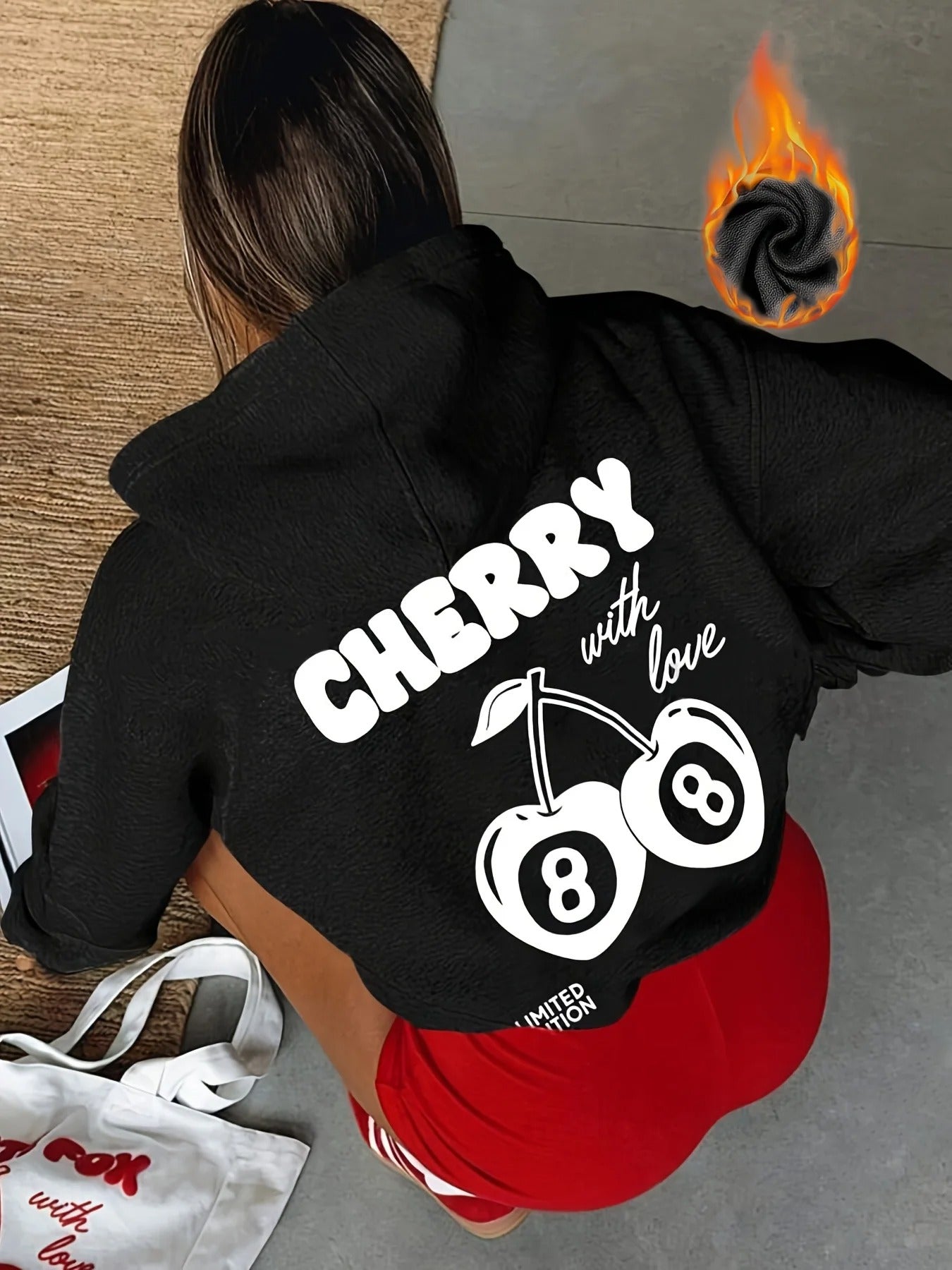 Cherry Print Long-Sleeved Sweater Women Spring Autumn Drawstring Hoodie Casual Vintage Ladies Basic Wear Hooded Tracksuit Tops