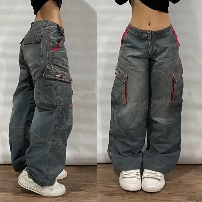 Y2K Baggy Jeans Womens New Multi-pocket Washed Vintage Jeans Harajuku Oversized Denim Pants High Waist Wide Leg Pants Trousers