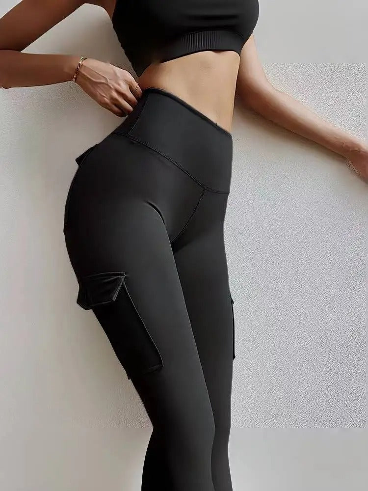 SOISOU Nylon Leggings Women's Pants Sport Yoga Pants Sexy Tight High Waist Elastic Women's Panties Pocket legging