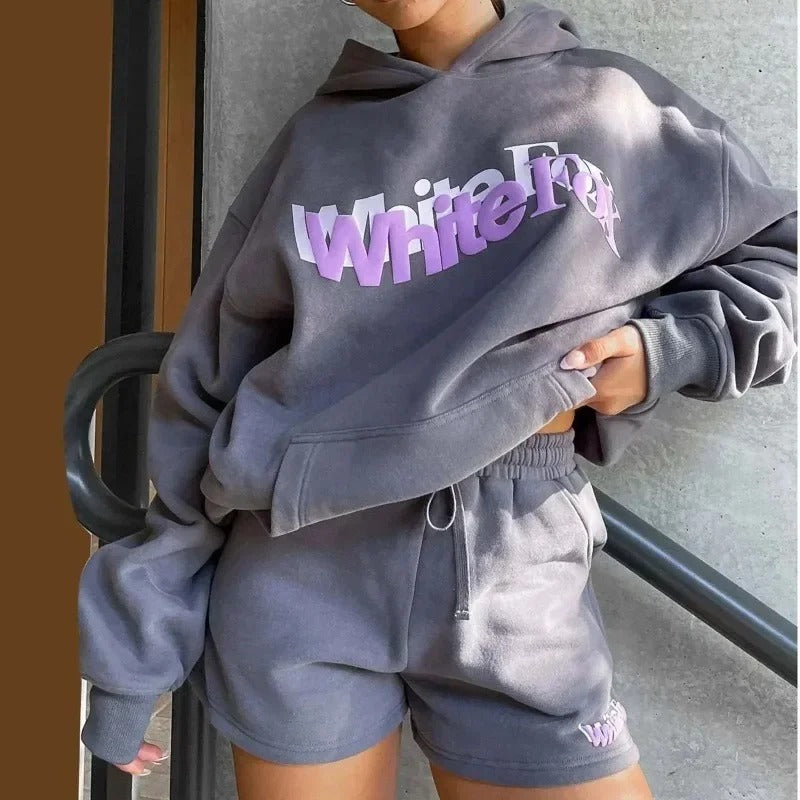 White Fox Letter Printing Women's Pure Cotton Pure Cotton Fleece Hoodie Only Oversized Sports Jumper Top Loose Hooded Sportswear