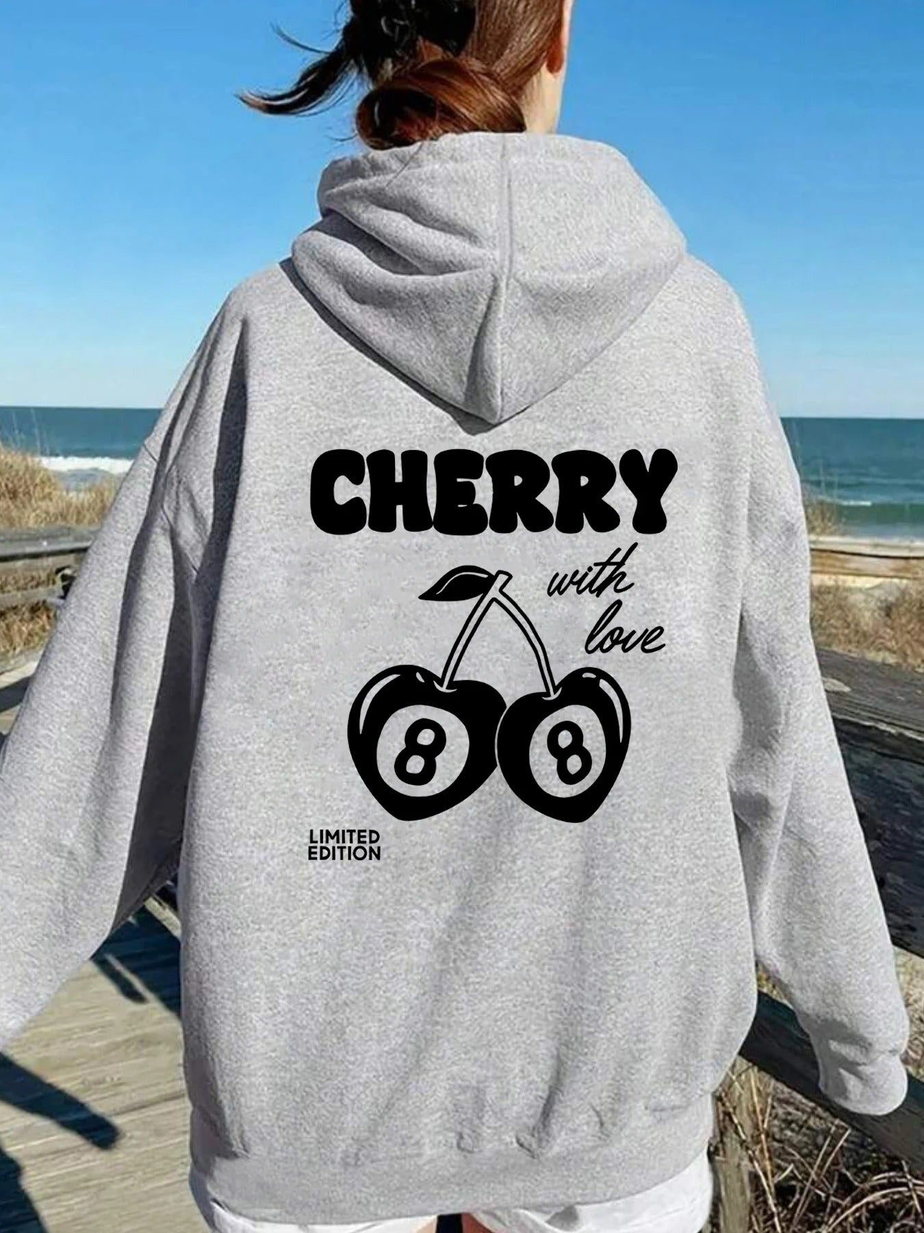 Cherry Print Long-Sleeved Sweater Women Spring Autumn Drawstring Hoodie Casual Vintage Ladies Basic Wear Hooded Tracksuit Tops