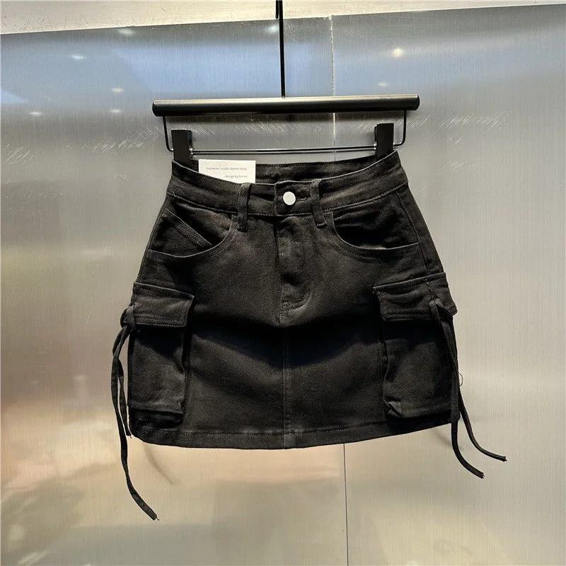 Y2K Fashion Three Dimensional Strap Pocket Wash High Tooling Denim Skirt Women Summer Vintage Casual Joker A Skirt