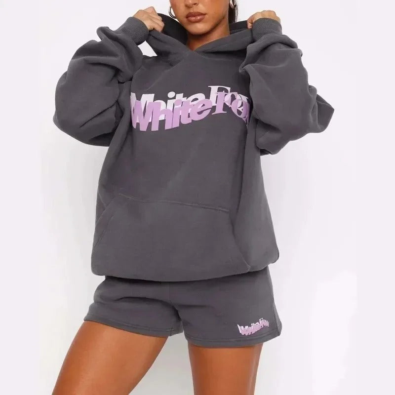 White Fox Letter Printing Women's Pure Cotton Pure Cotton Fleece Hoodie Only Oversized Sports Jumper Top Loose Hooded Sportswear