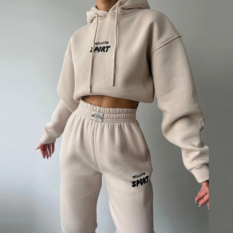 MCLLCTN Sport Women Tracksuit Solid Long Sleeve Letter Print Hoodie Fall Casual Loose Hooded Sets Warm Suit Trousers Two Piece Pants Sets