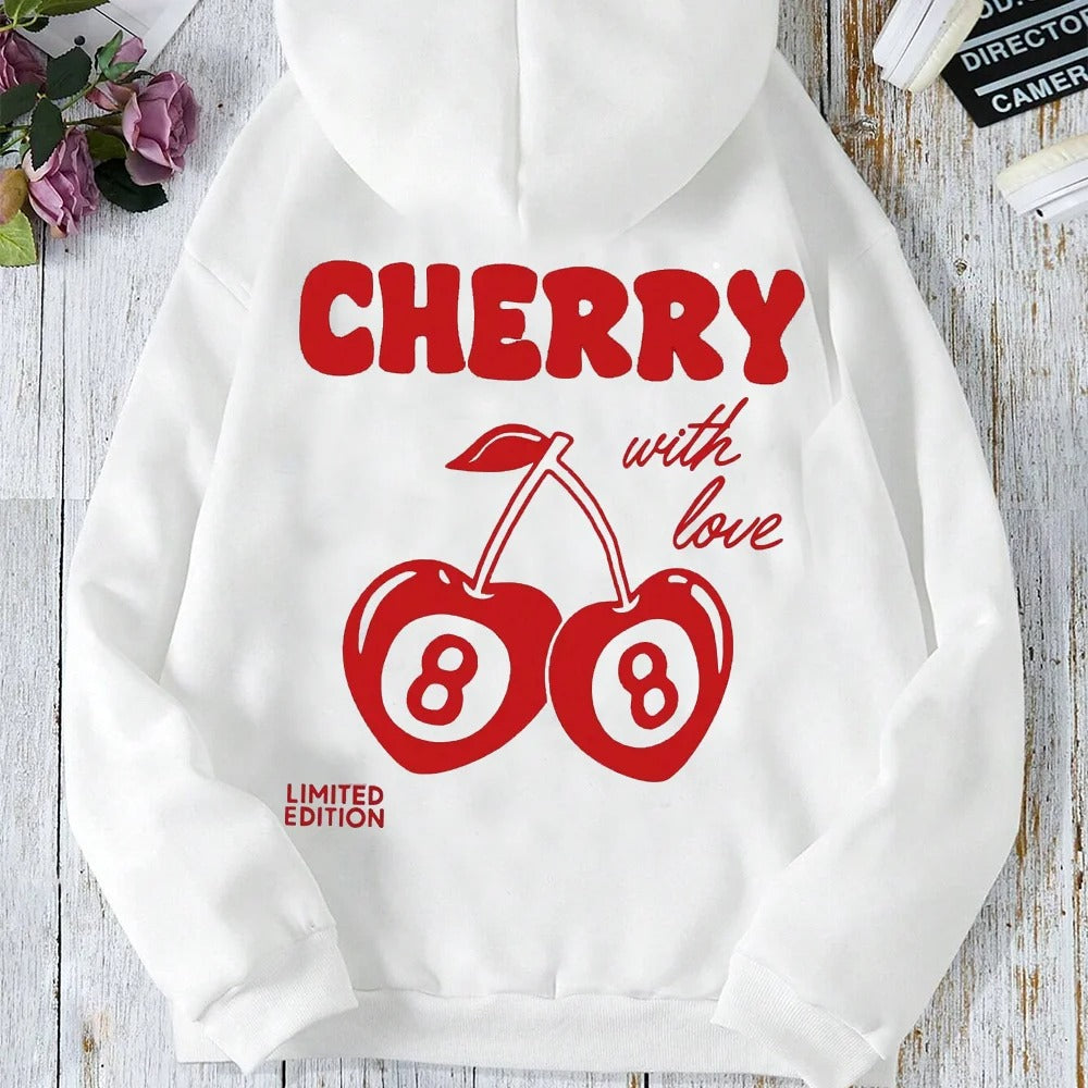 Cherry Print Long-Sleeved Sweater Women Spring Autumn Drawstring Hoodie Casual Vintage Ladies Basic Wear Hooded Tracksuit Tops