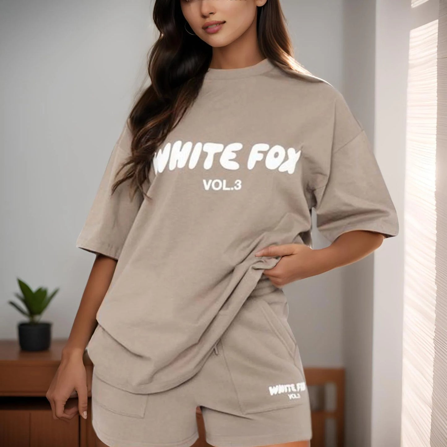 White Fox Womens Fashionable Sports Short Sleeved T-Shirt Shorts Set