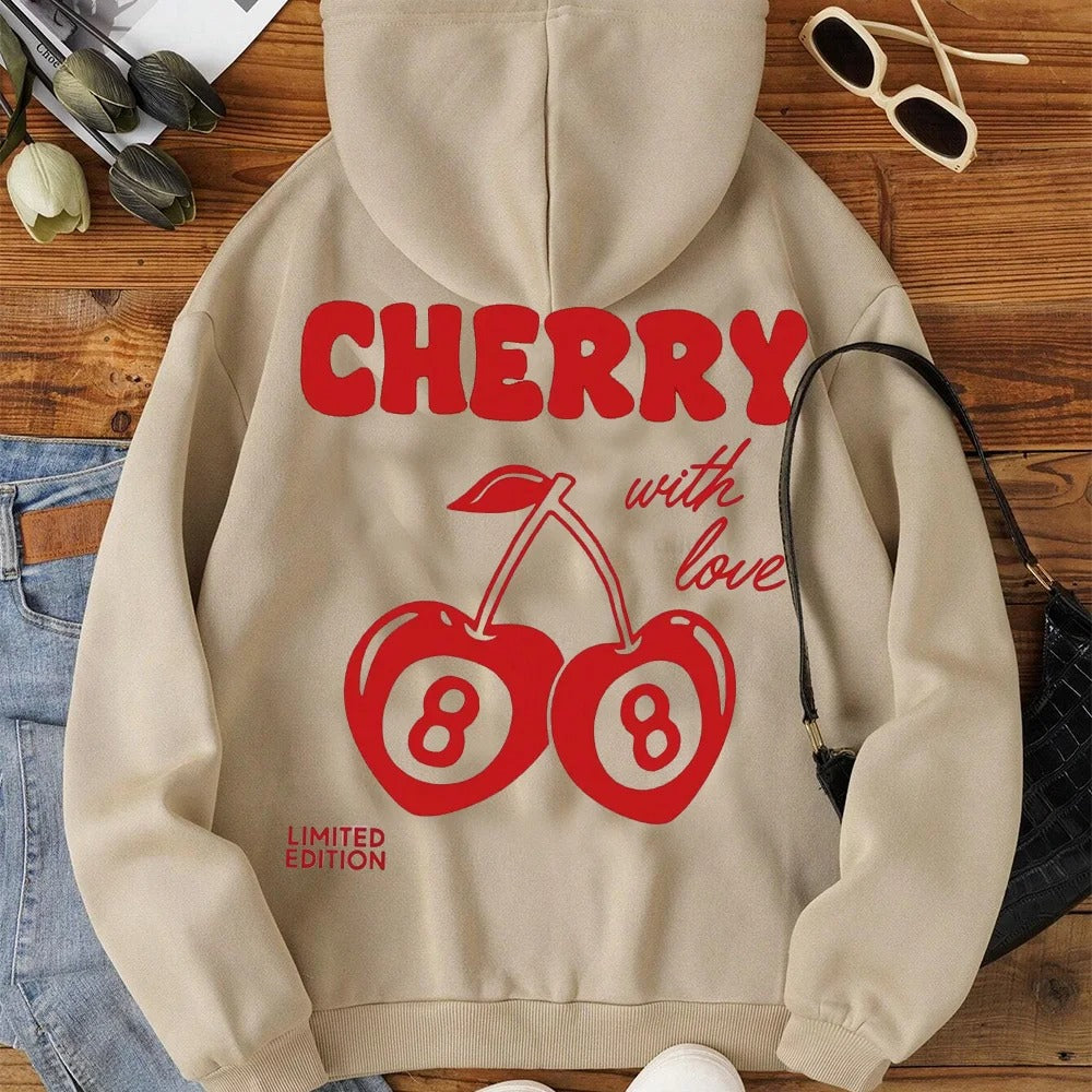 Cherry Print Long-Sleeved Sweater Women Spring Autumn Drawstring Hoodie Casual Vintage Ladies Basic Wear Hooded Tracksuit Tops